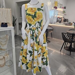 Dolce&Gabbana rose print pleated cotton midi dress. Floral Yellow Dress